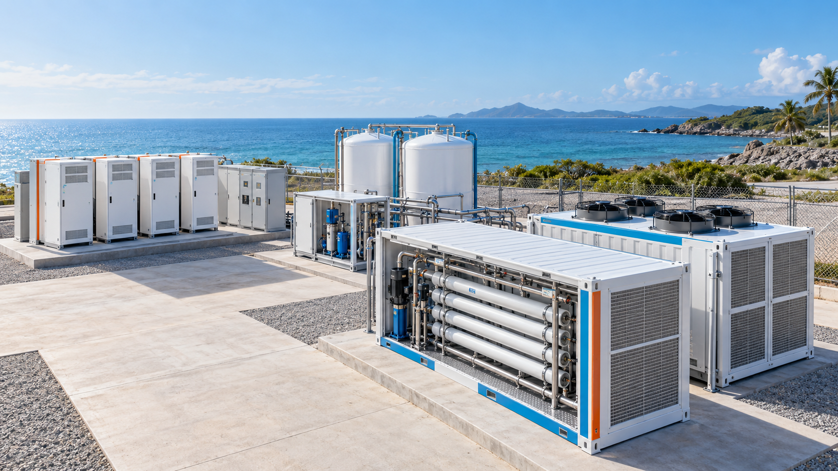 Concept illustration of containerized RO and atmospheric water equipment with separate power units